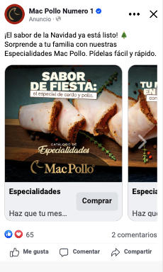 Ejemplo de anuncio de conversión enfocado en productos de temporada ('Especialidades' / Navidad), adaptado ágilmente bajo el sistema de diseño centralizado.