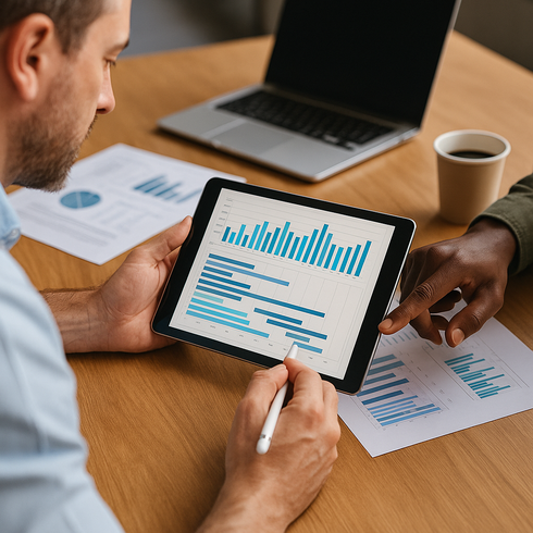 A project manager and a client collaboratively reviewing a project budget and timeline on a digital tablet.