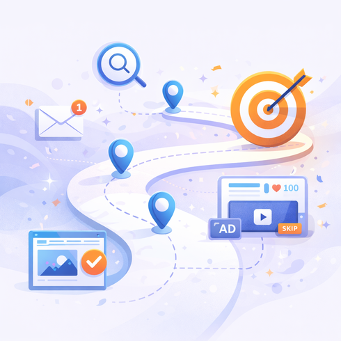 Diagrama de flujo de atribución multi-touch en un ecosistema digital complejo.