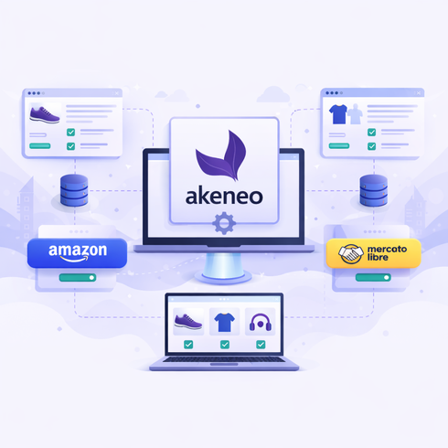 Diagrama de flujo de sindicación de contenido entre Akeneo y marketplaces.