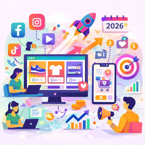 Infografía sobre el ecosistema de pauta y conversión en Social Commerce 2026.