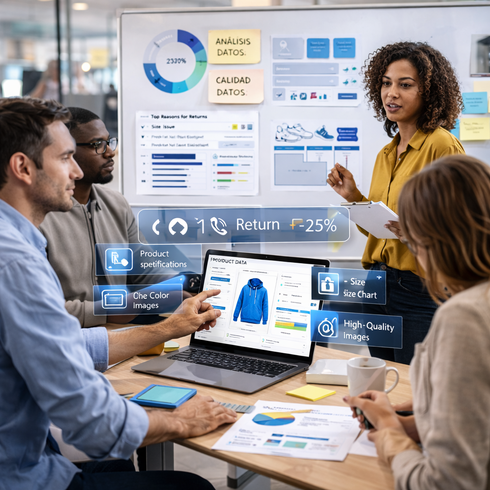 Infografía sobre el ciclo de reducción de devoluciones en E-commerce mediante la optimización de datos.