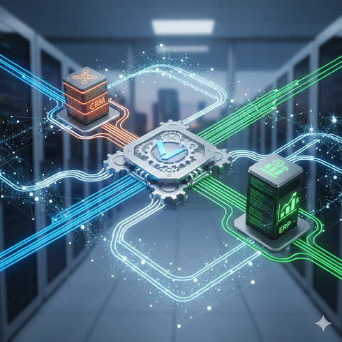 Diagrama de flujo de datos entre Liferay DXP, CRM y ERP corporativo.